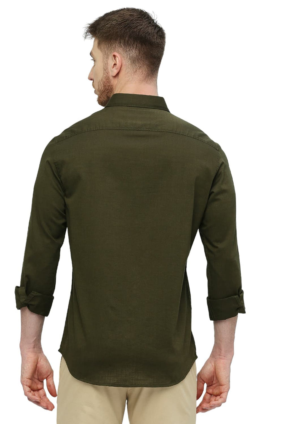 BASICS SLIM FIT MILITARY OLIVE COTTON SLUB TWILL SHIRT