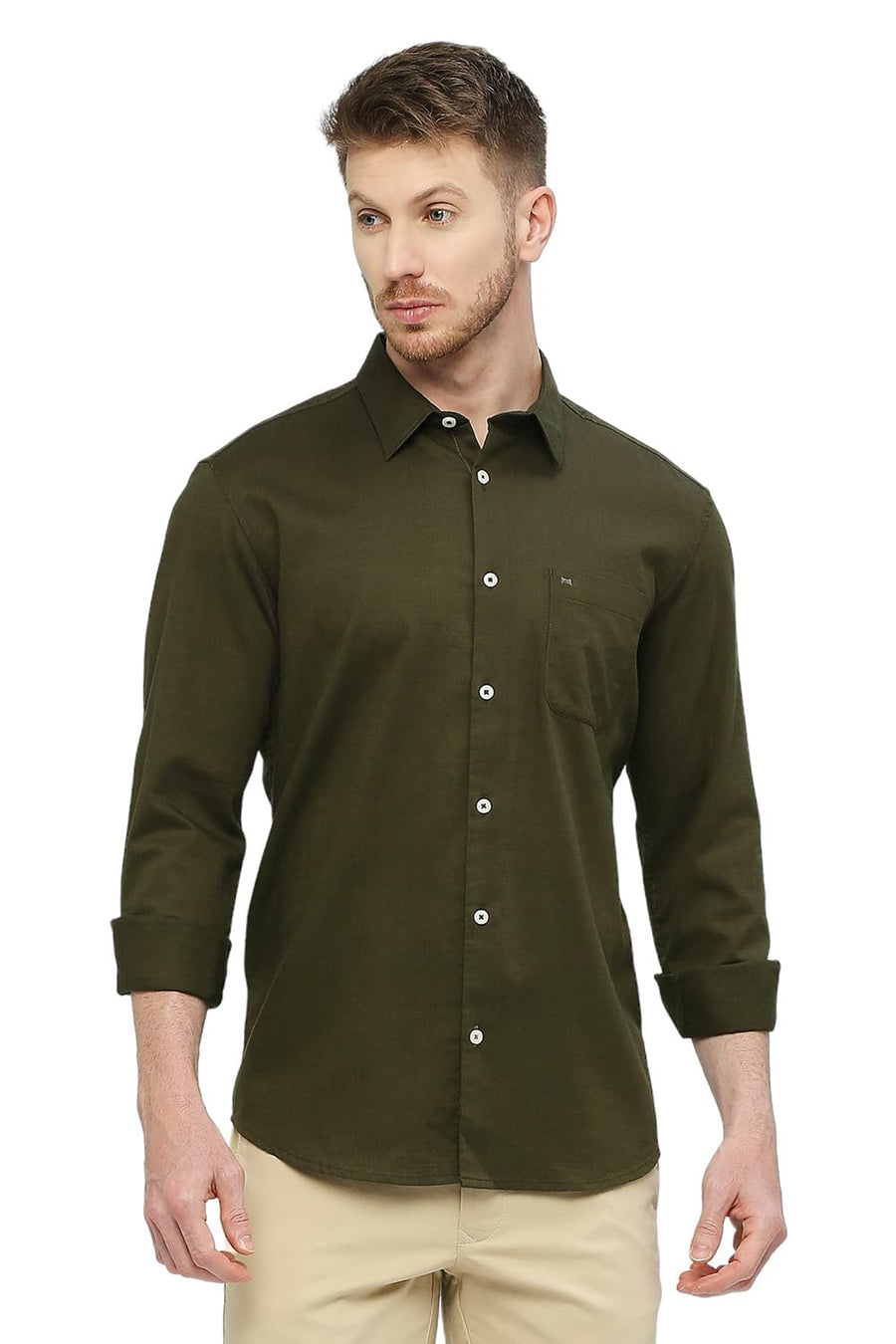BASICS SLIM FIT MILITARY OLIVE COTTON SLUB TWILL SHIRT