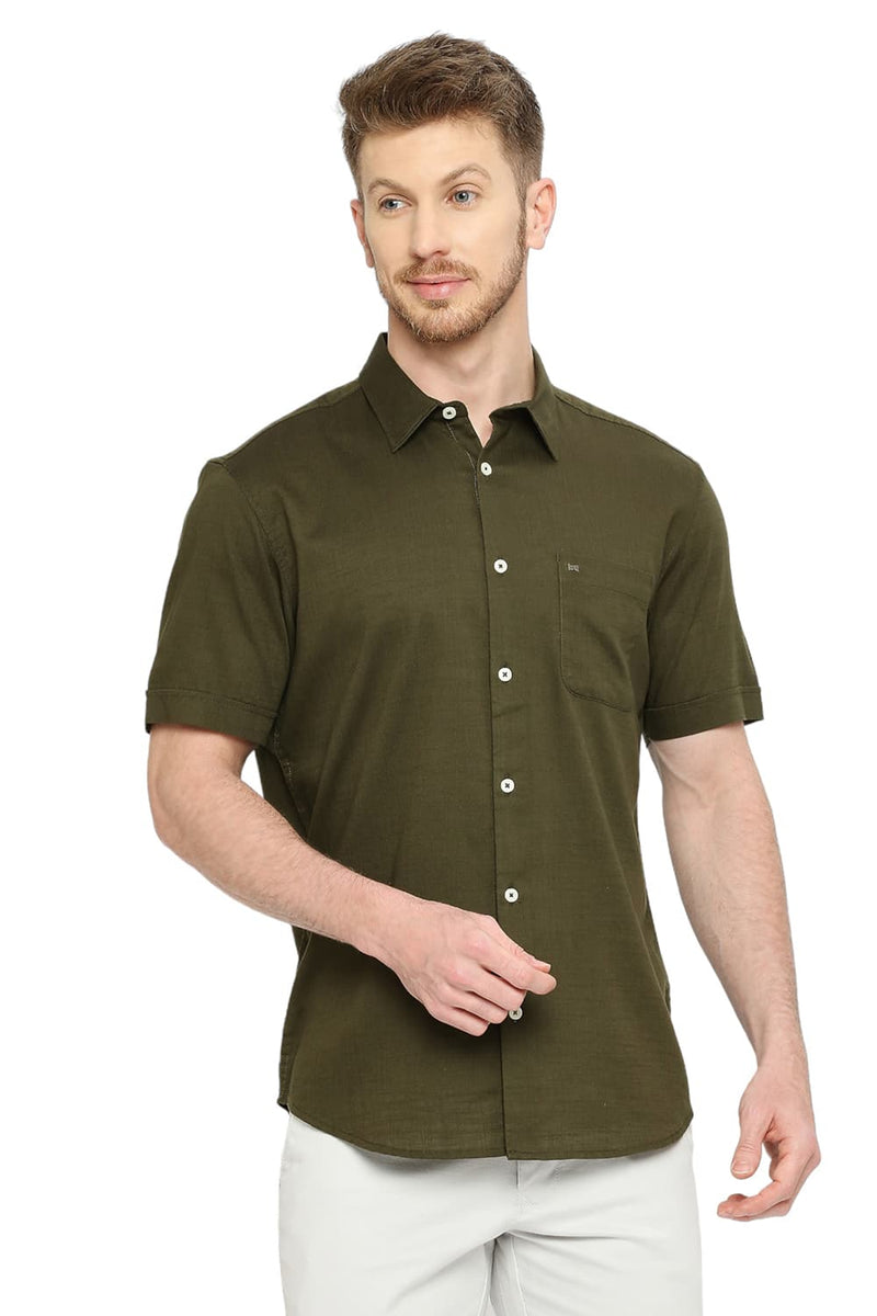 BASICS SLIM FIT COTTON SLUB TWILL HALFSLEEVES SHIRT