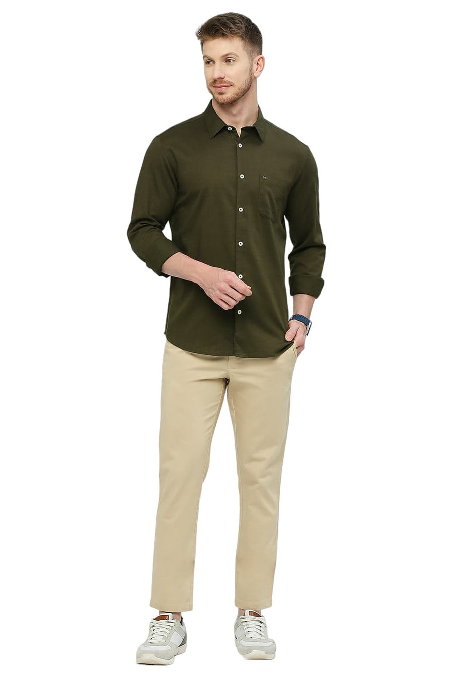 BASICS SLIM FIT MILITARY OLIVE COTTON SLUB TWILL SHIRT