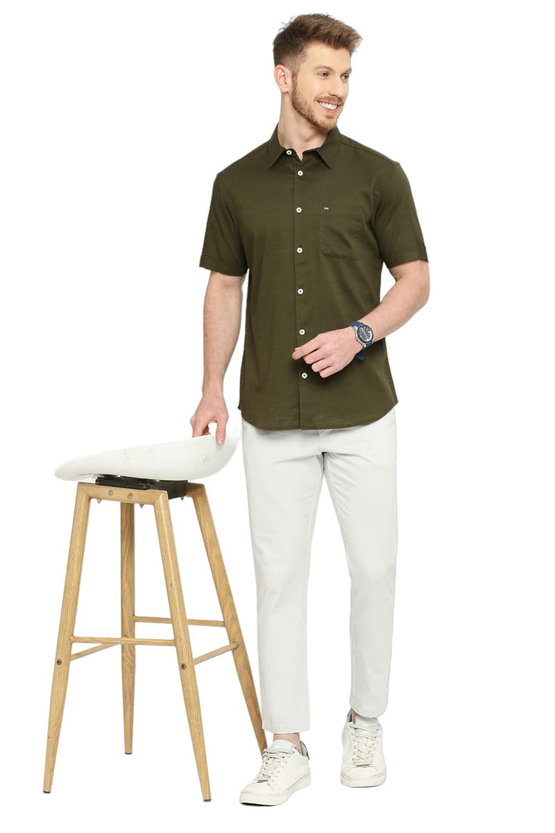 BASICS SLIM FIT COTTON SLUB TWILL HALFSLEEVES SHIRT