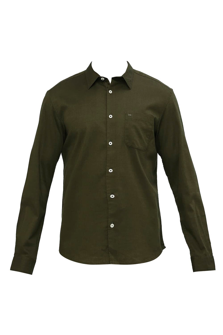 BASICS SLIM FIT MILITARY OLIVE COTTON SLUB TWILL SHIRT