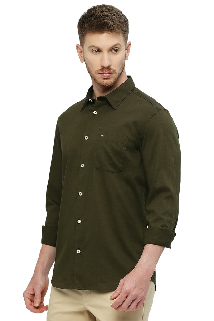 BASICS SLIM FIT MILITARY OLIVE COTTON SLUB TWILL SHIRT