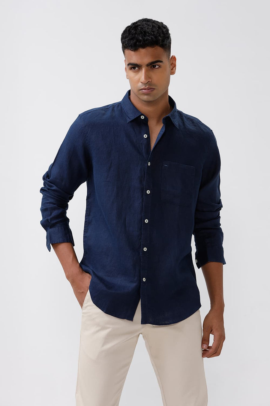 BASICS SLIM FIT PEACOAT NAVY LINEN SHIRT
