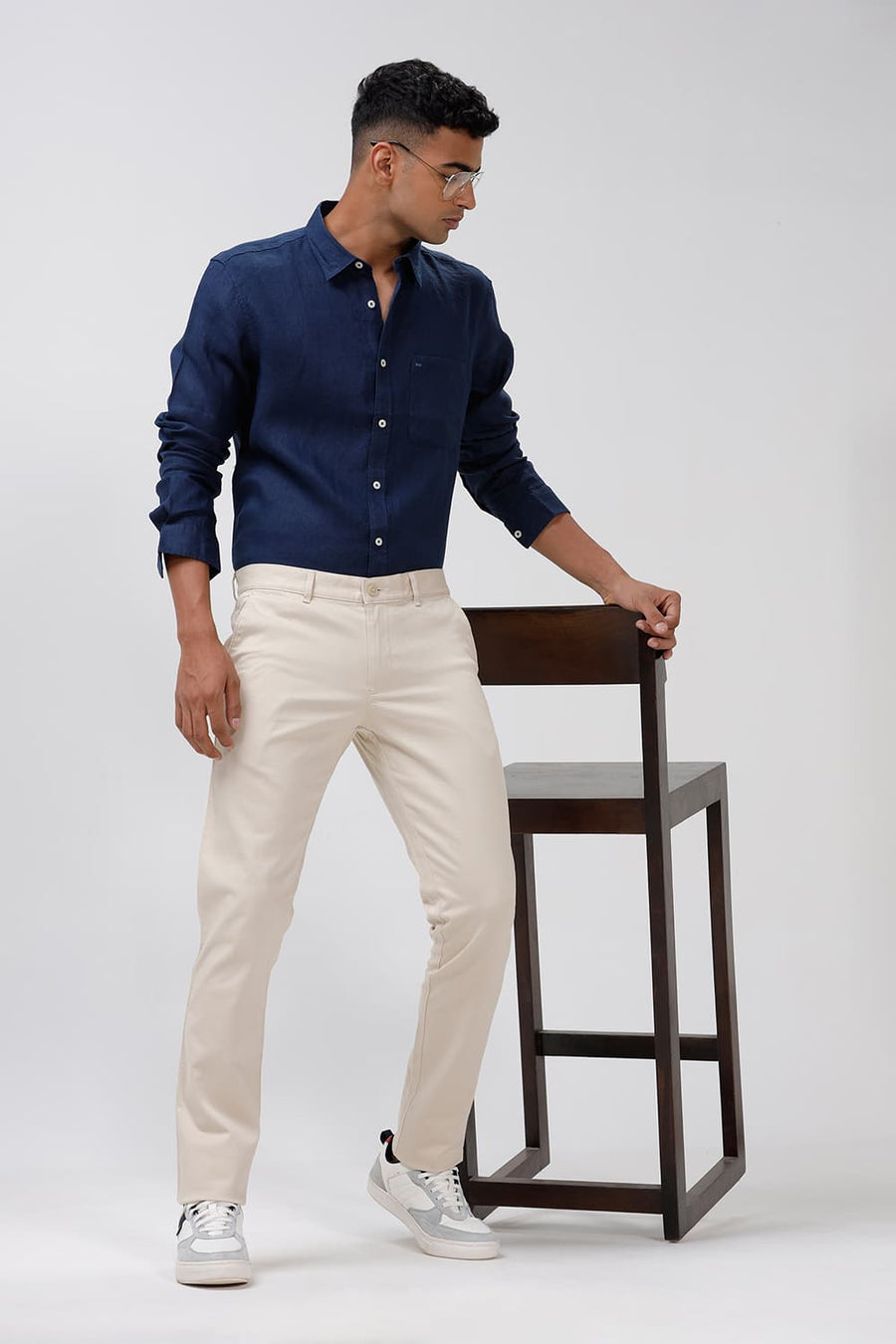 BASICS SLIM FIT PEACOAT NAVY LINEN SHIRT