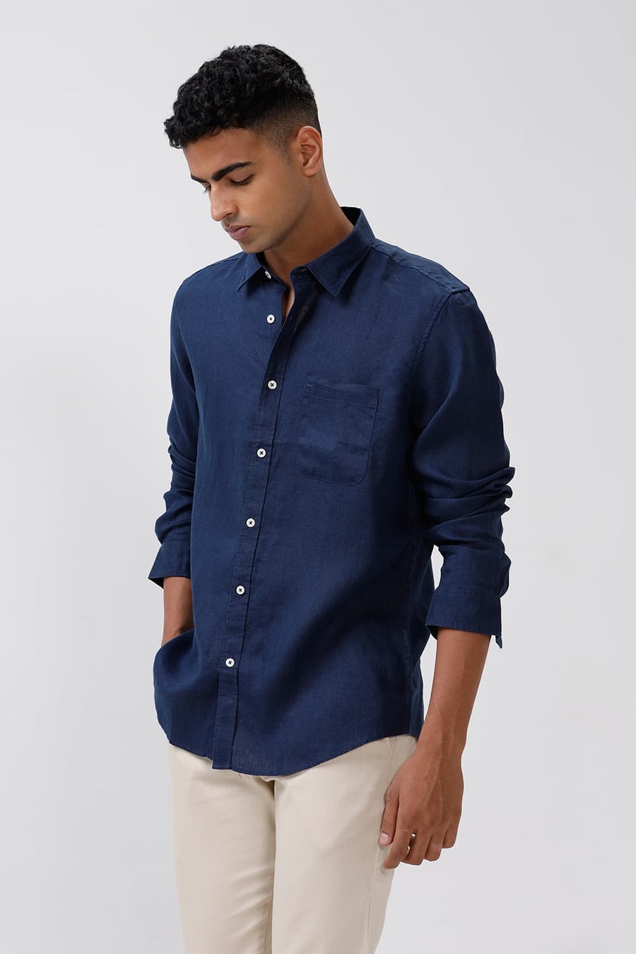 BASICS SLIM FIT PEACOAT NAVY LINEN SHIRT
