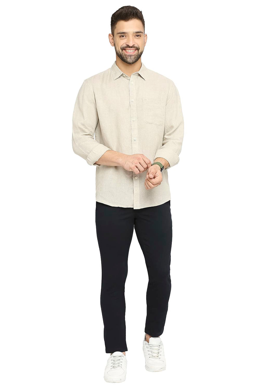 BASICS SLIM FIT NATURAL CREAM LINEN SHIRT