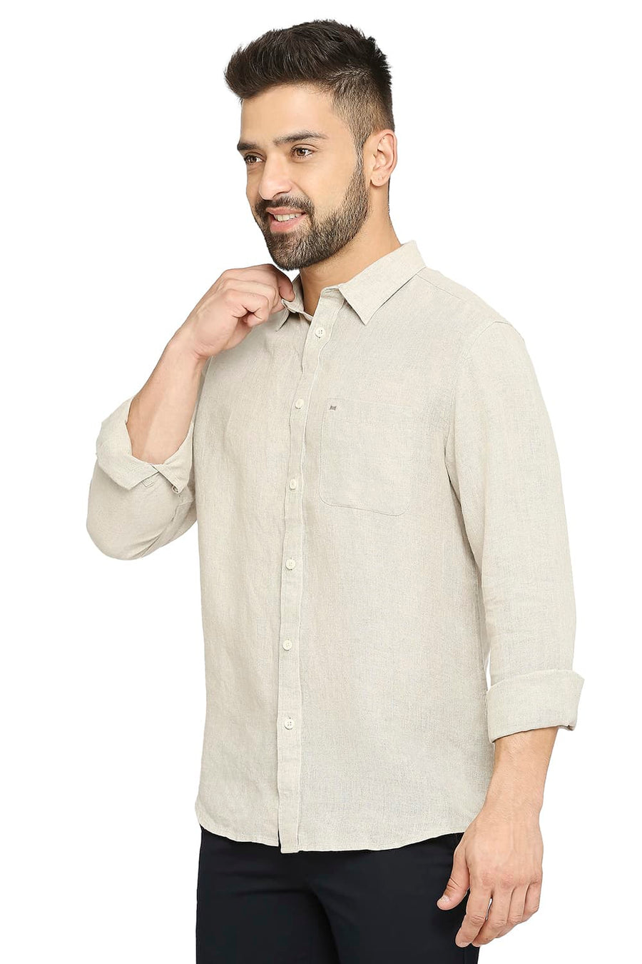 BASICS SLIM FIT NATURAL CREAM LINEN SHIRT