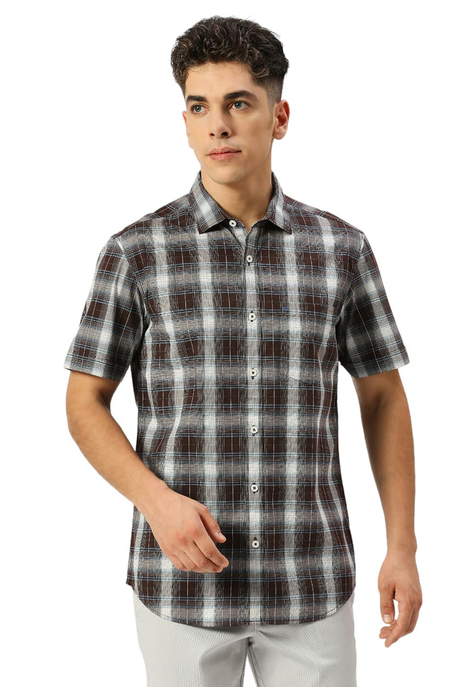 BASICS SLIM FIT COFFEE QUARIZ COTTON FIL-A-FIL CHECKS HALFSLEEVES SHIRT