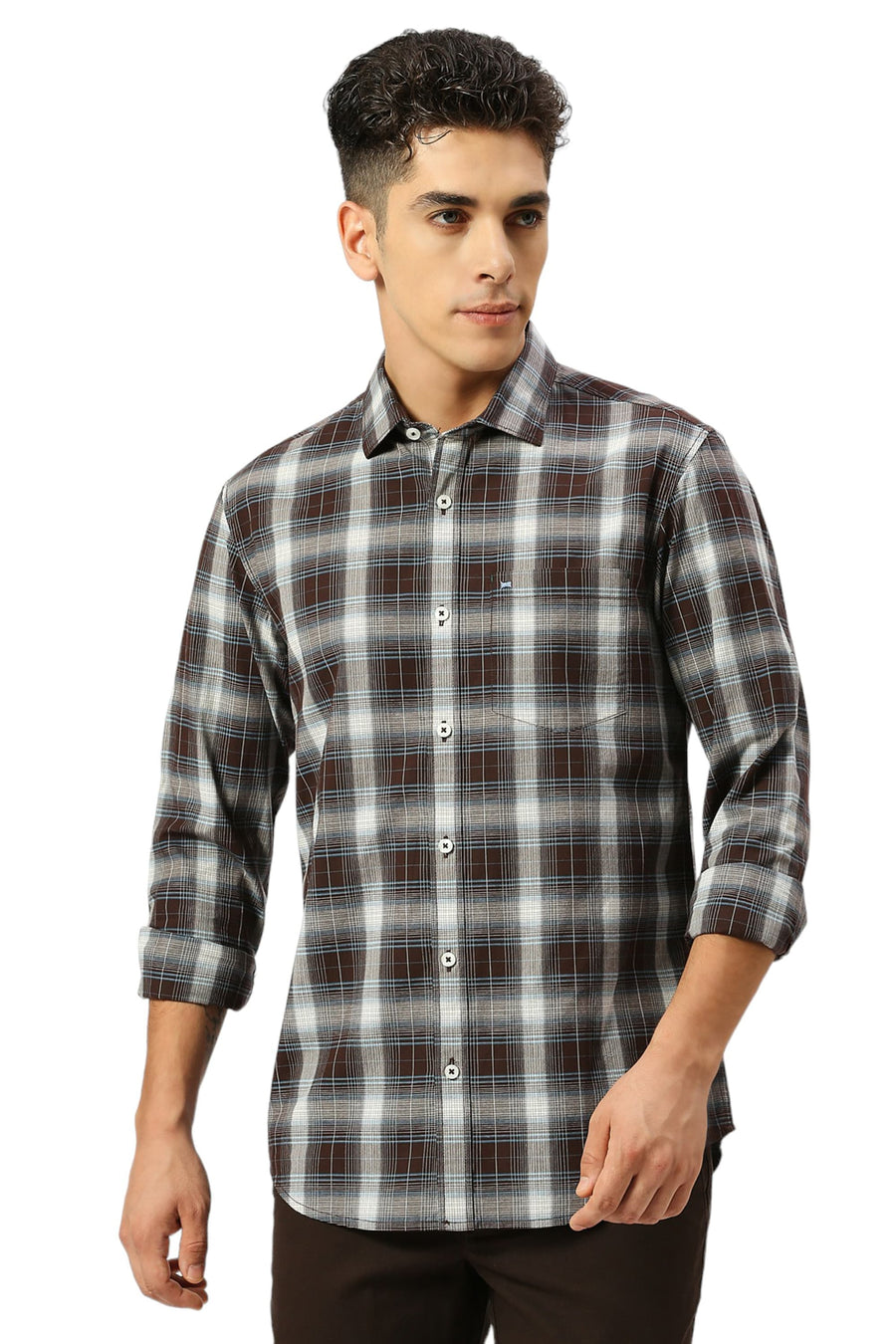 BASICS SLIM FIT COFFEE QUARIZ COTTON FIL-A-FIL CHECKS SHIRT
