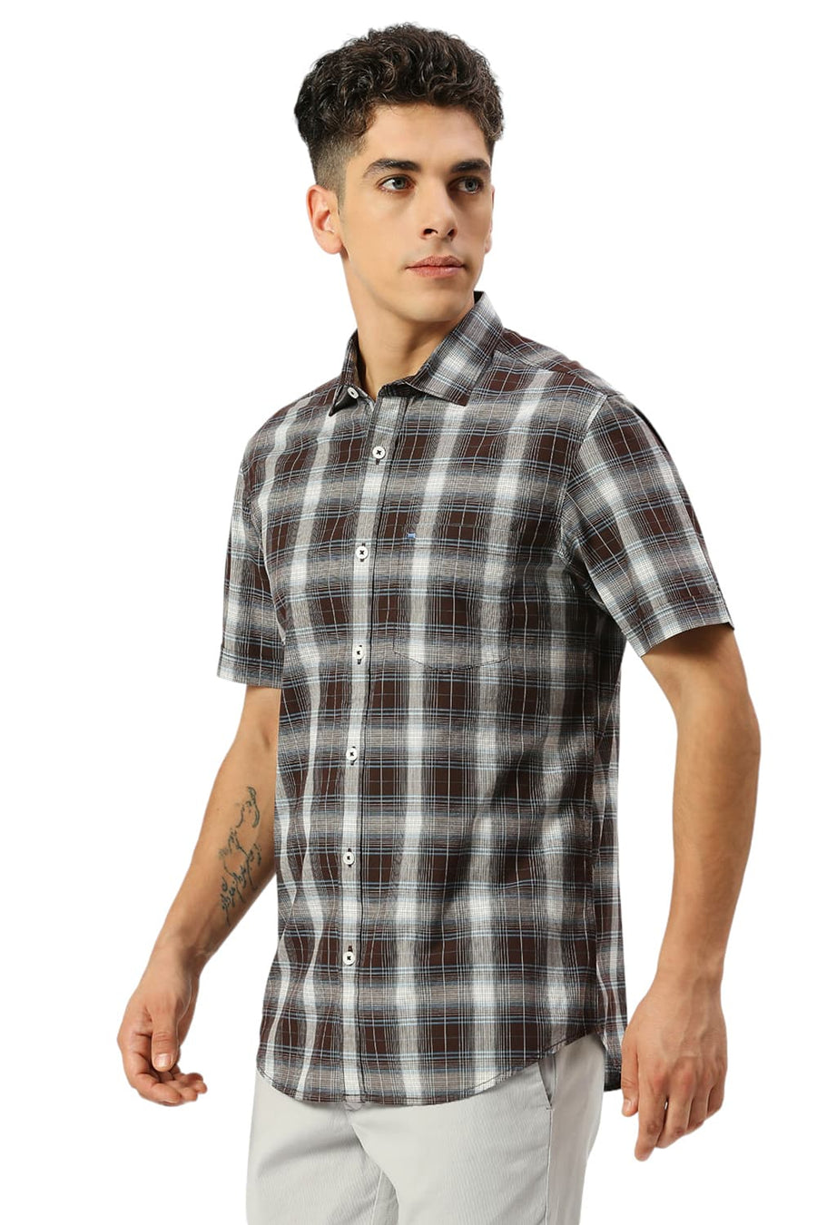BASICS SLIM FIT COFFEE QUARIZ COTTON FIL-A-FIL CHECKS HALFSLEEVES SHIRT