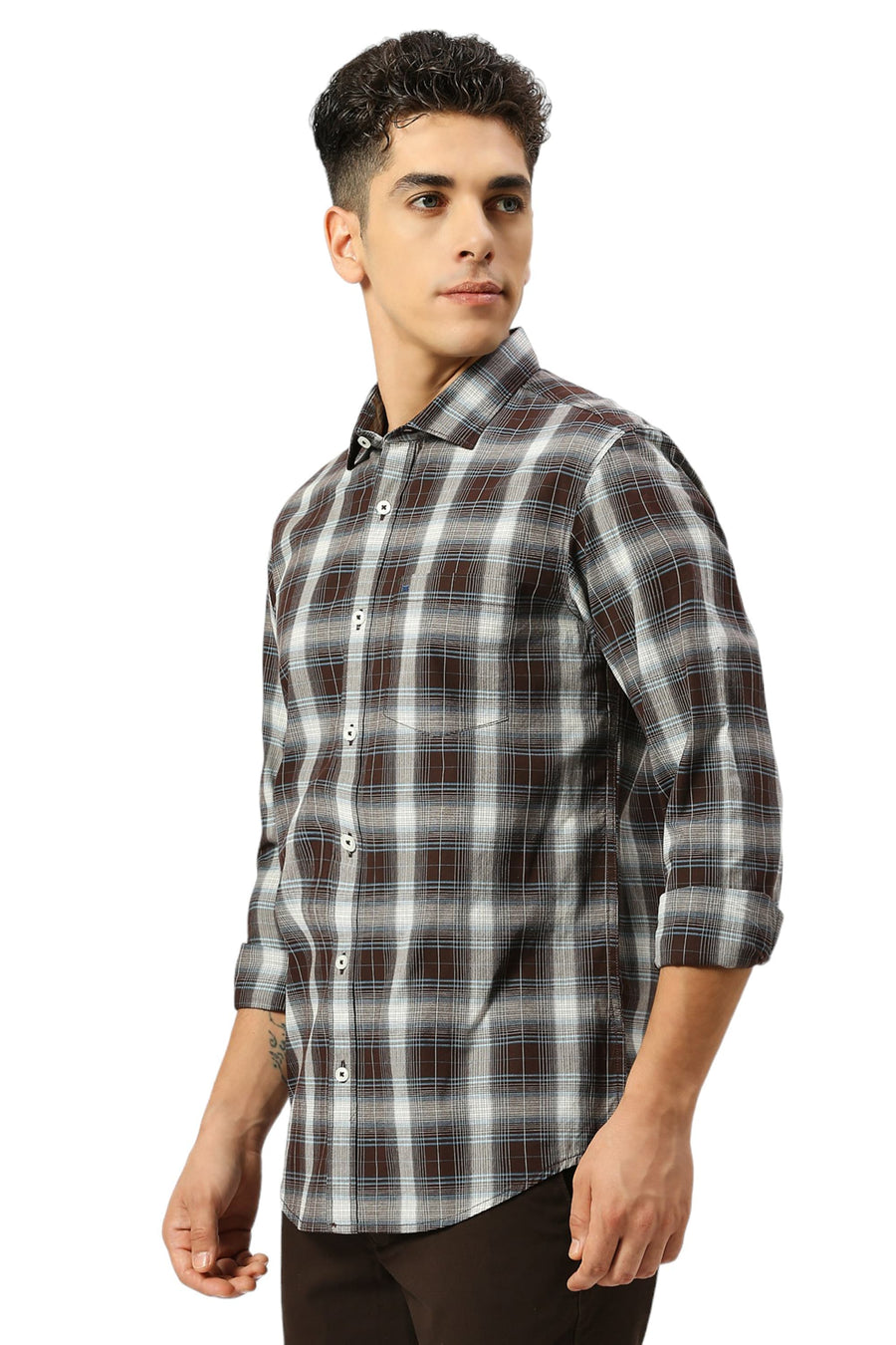 BASICS SLIM FIT COFFEE QUARIZ COTTON FIL-A-FIL CHECKS SHIRT