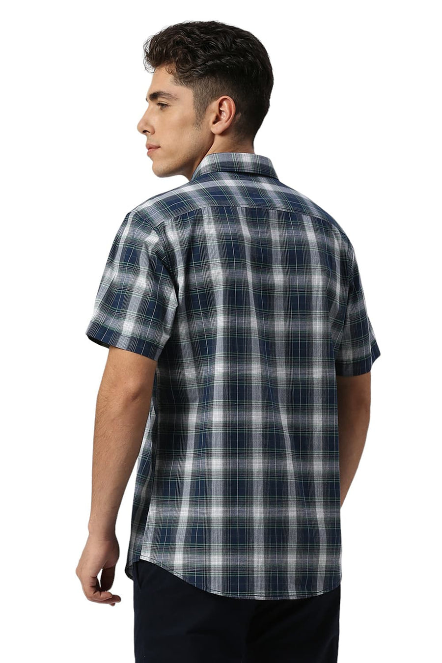 BASICS SLIM FIT BLUEFIN NAVY COTTON FIL-A-FIL CHECKS HALFSLEEVES SHIRT