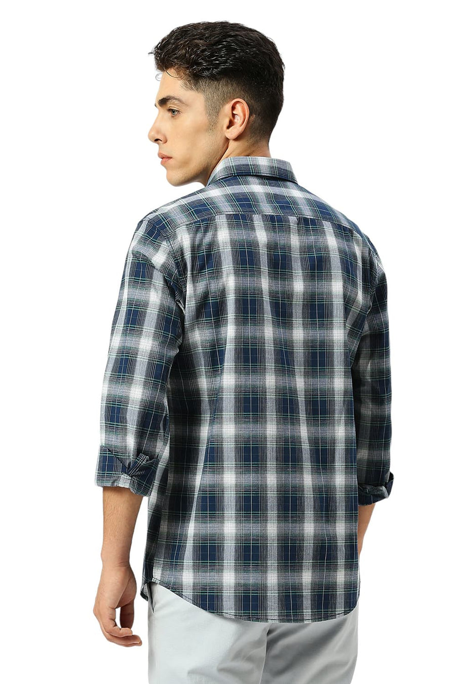 BASICS SLIM FIT BLUEFIN NAVY COTTON FIL-A-FIL CHECKS SHIRT