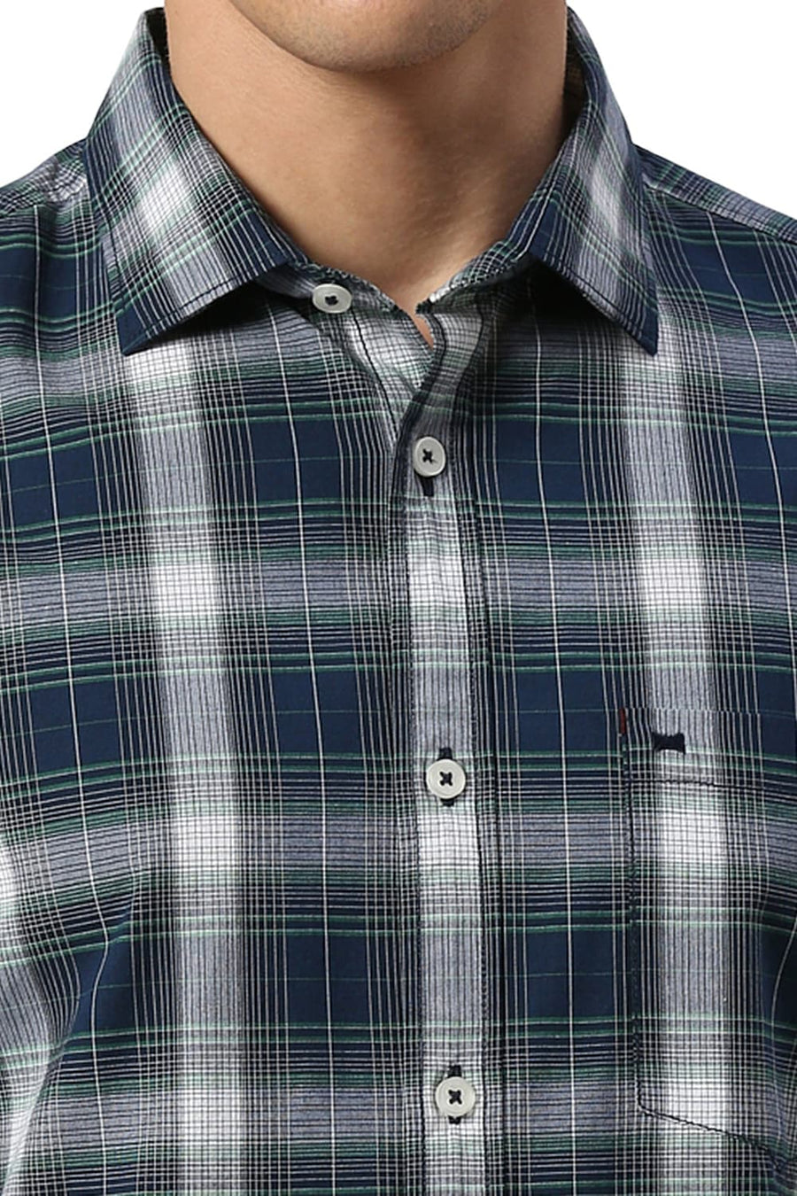 BASICS SLIM FIT BLUEFIN NAVY COTTON FIL-A-FIL CHECKS HALFSLEEVES SHIRT