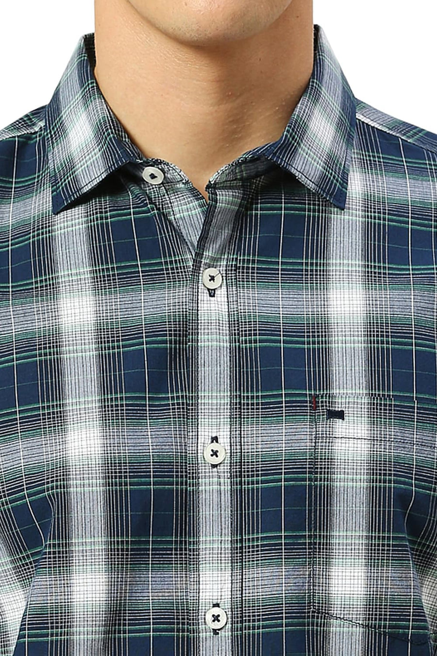 BASICS SLIM FIT BLUEFIN NAVY COTTON FIL-A-FIL CHECKS SHIRT