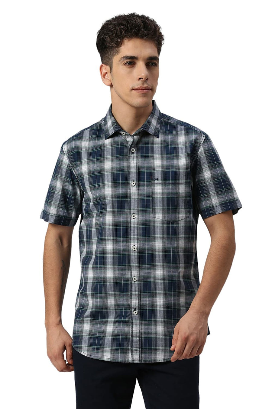 BASICS SLIM FIT BLUEFIN NAVY COTTON FIL-A-FIL CHECKS HALFSLEEVES SHIRT