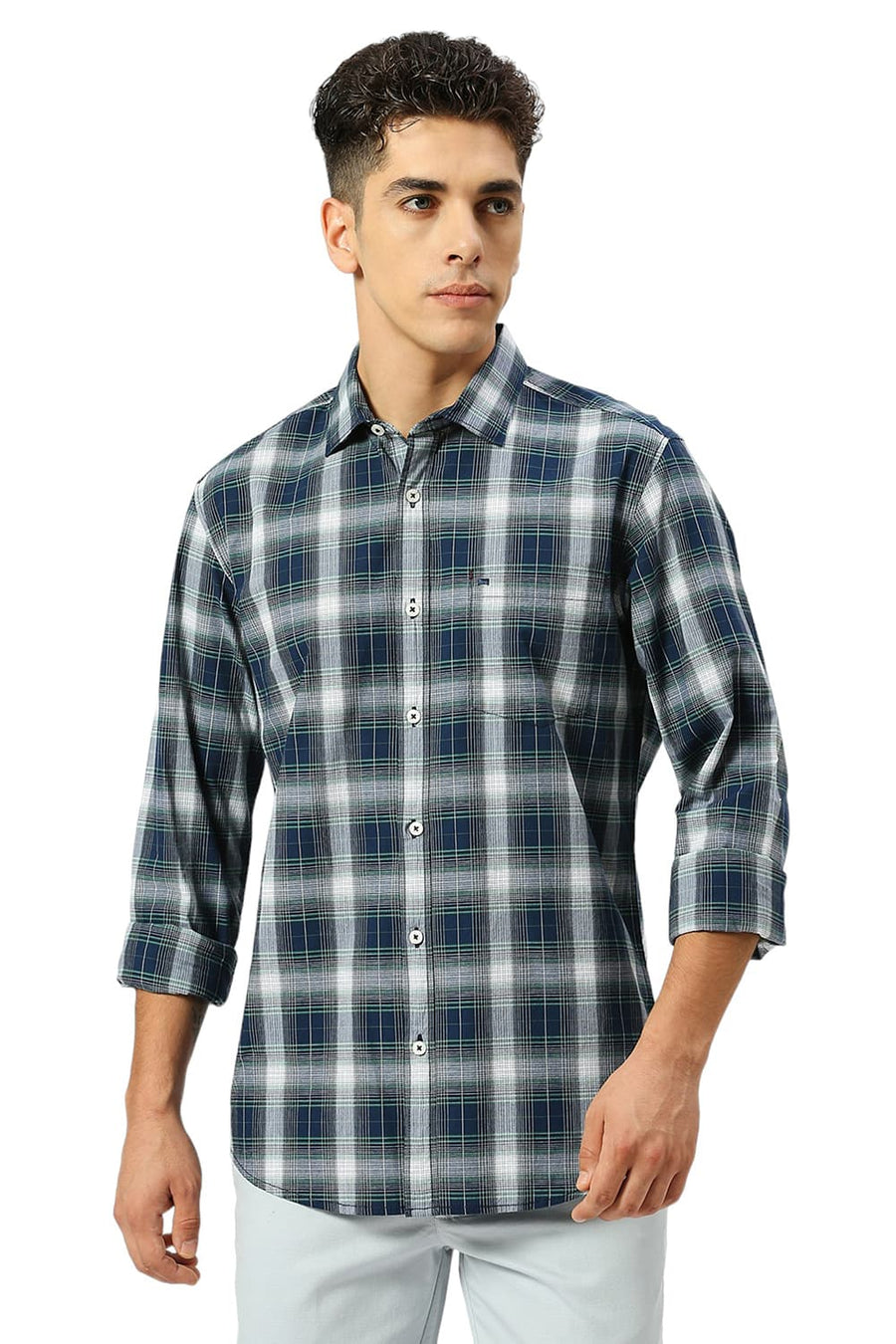 BASICS SLIM FIT BLUEFIN NAVY COTTON FIL-A-FIL CHECKS SHIRT