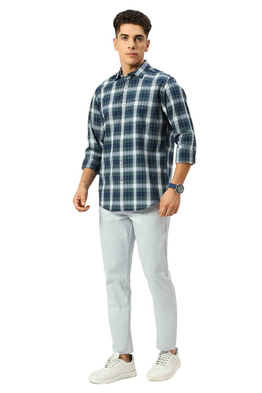 BASICS SLIM FIT BLUEFIN NAVY COTTON FIL-A-FIL CHECKS SHIRT