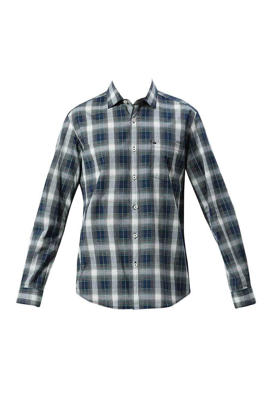 BASICS SLIM FIT BLUEFIN NAVY COTTON FIL-A-FIL CHECKS SHIRT