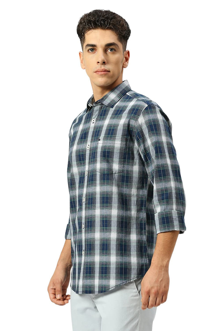 BASICS SLIM FIT BLUEFIN NAVY COTTON FIL-A-FIL CHECKS SHIRT