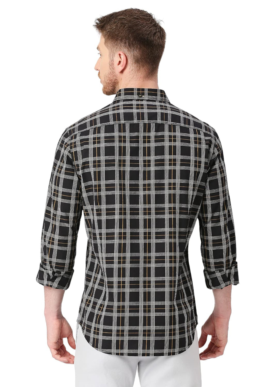 BASICS SLIM FIT ONYX BLACK COTTON CHECKS SHIRT