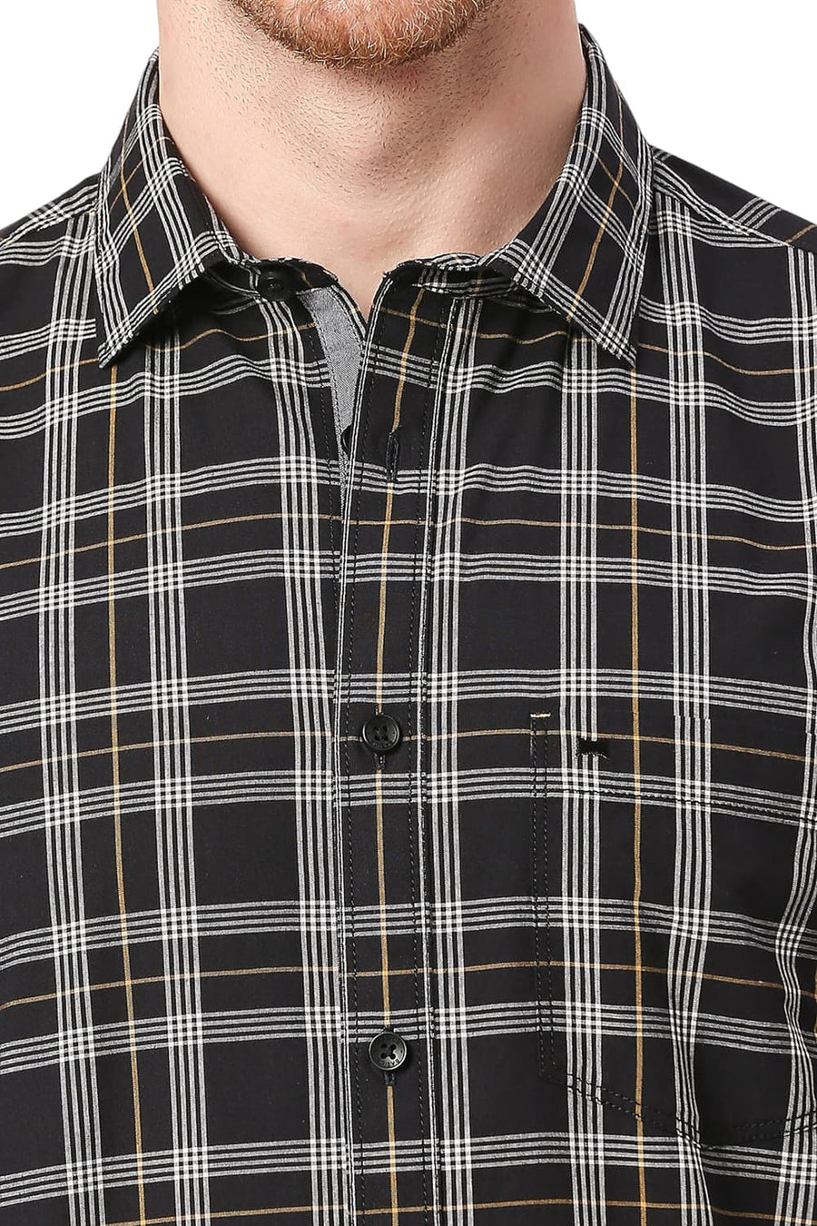 BASICS SLIM FIT ONYX BLACK COTTON CHECKS SHIRT