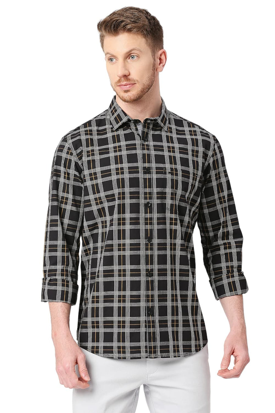 BASICS SLIM FIT ONYX BLACK COTTON CHECKS SHIRT