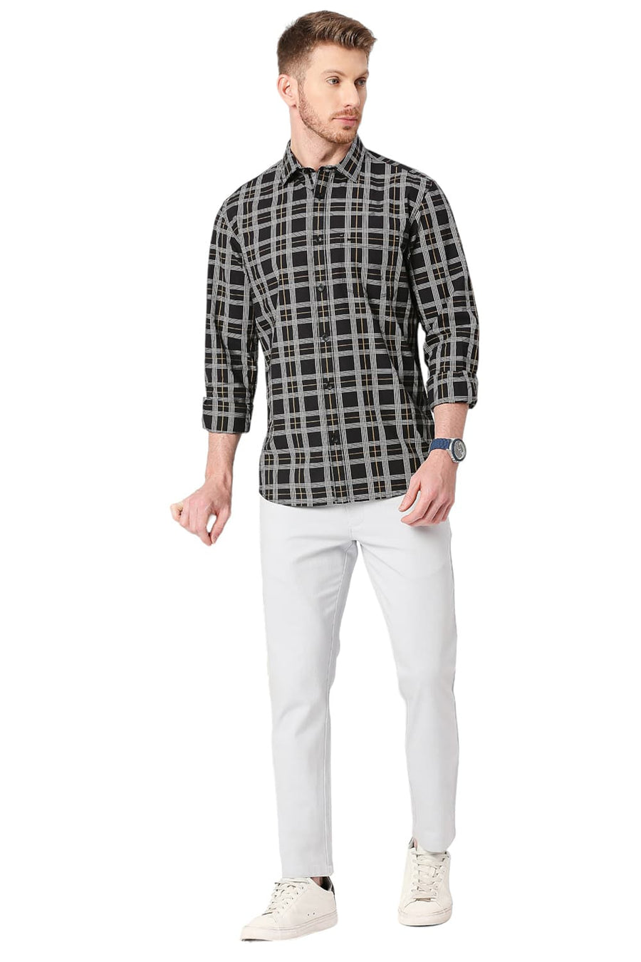 BASICS SLIM FIT ONYX BLACK COTTON CHECKS SHIRT