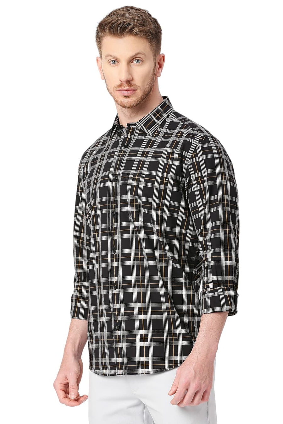 BASICS SLIM FIT ONYX BLACK COTTON CHECKS SHIRT