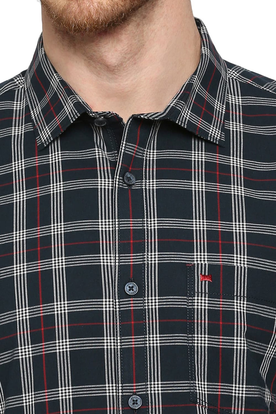 BASICS SLIM FIT BLUEBERRY NAVY COTTON CHECKS SHIRT