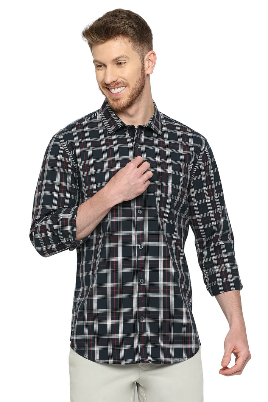 BASICS SLIM FIT BLUEBERRY NAVY COTTON CHECKS SHIRT