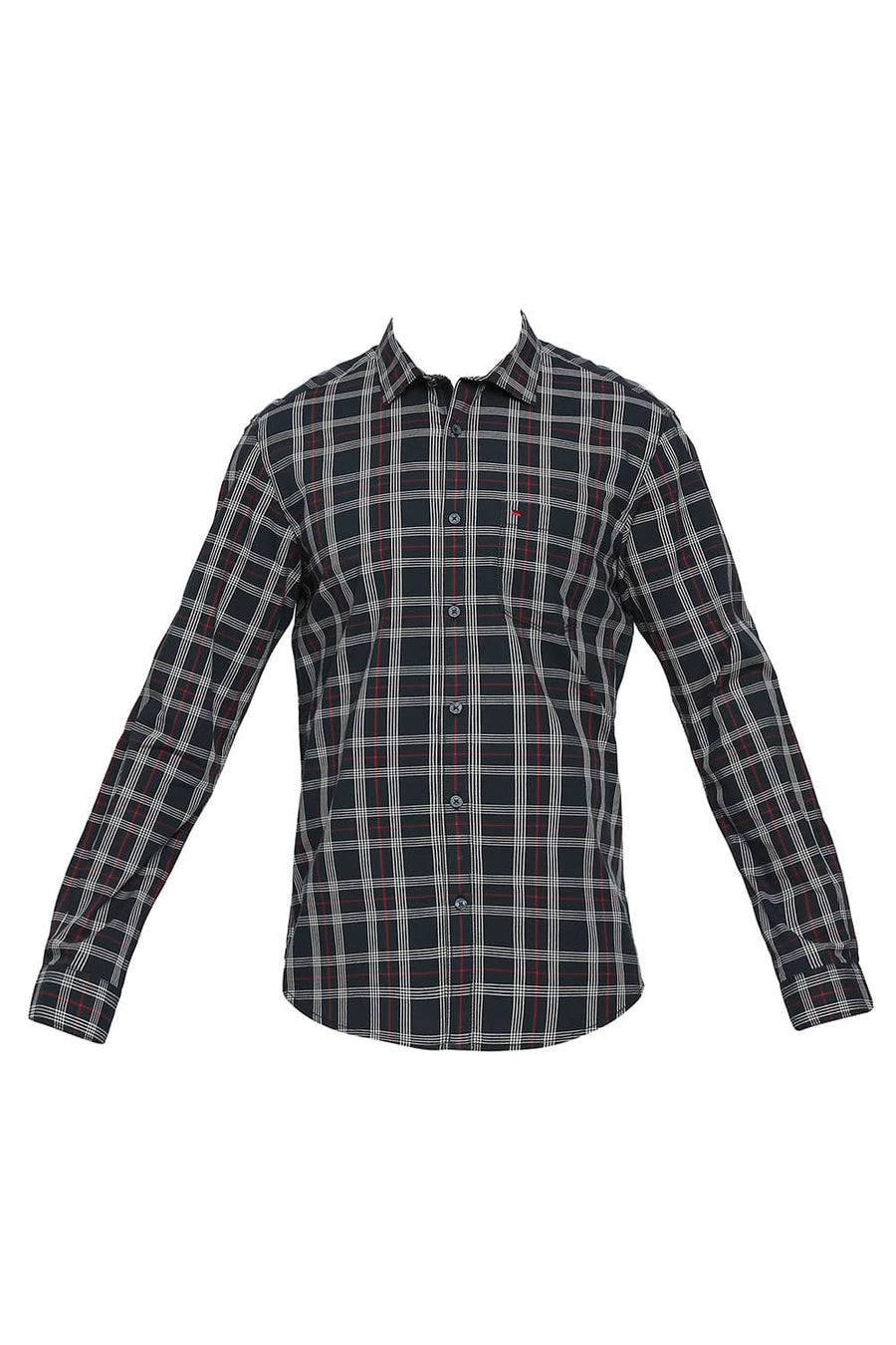 BASICS SLIM FIT BLUEBERRY NAVY COTTON CHECKS SHIRT