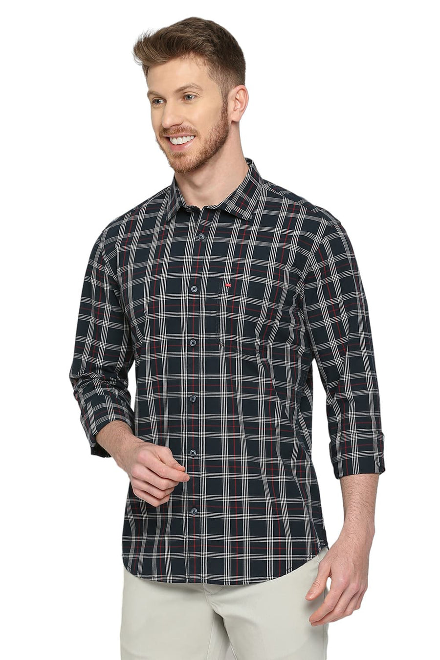 BASICS SLIM FIT BLUEBERRY NAVY COTTON CHECKS SHIRT