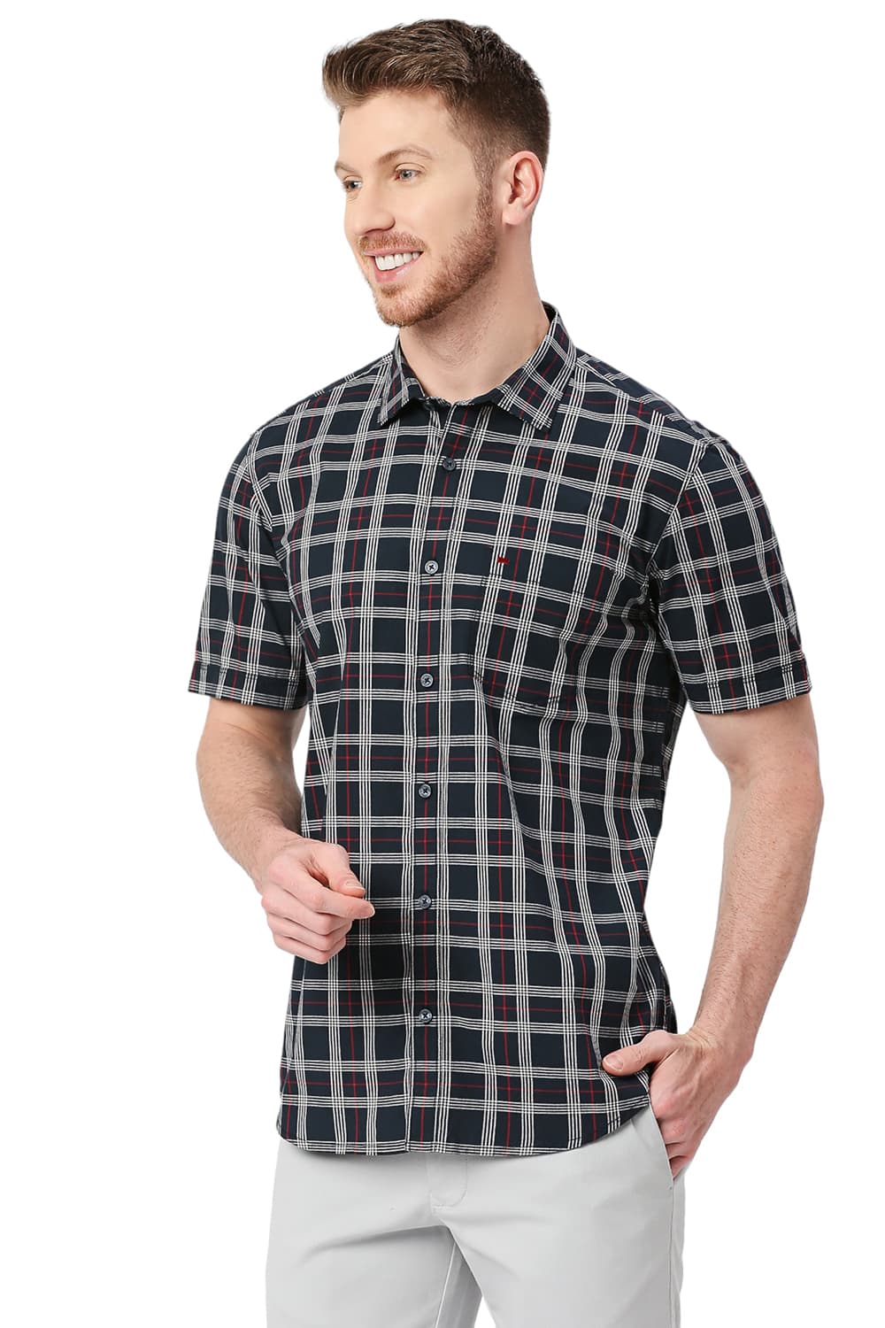 BASICS SLIM FIT COTTON CHECKS HALFSLEEVES SHIRT