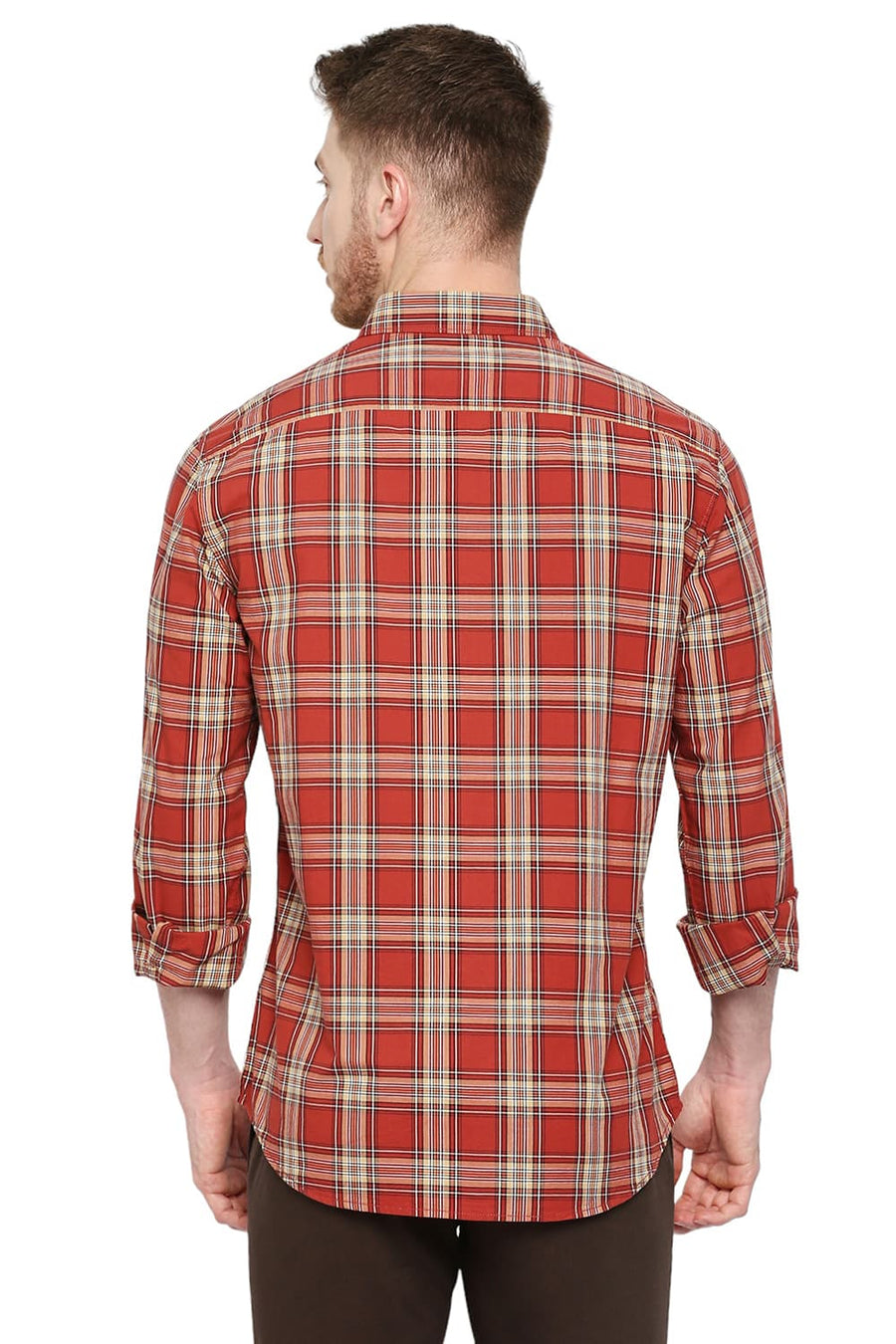BASICS SLIM FIT BURNT BRICK COTTON CHECKS SHIRT