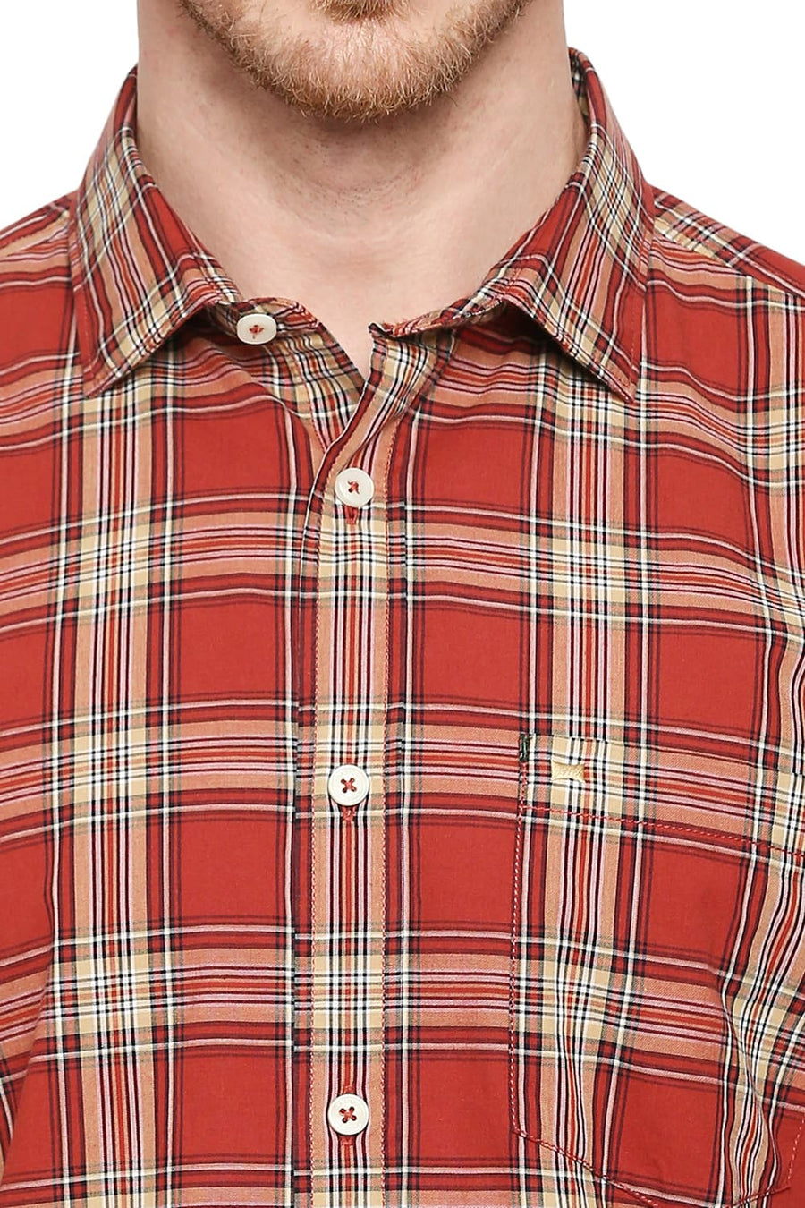 BASICS SLIM FIT BURNT BRICK COTTON CHECKS SHIRT