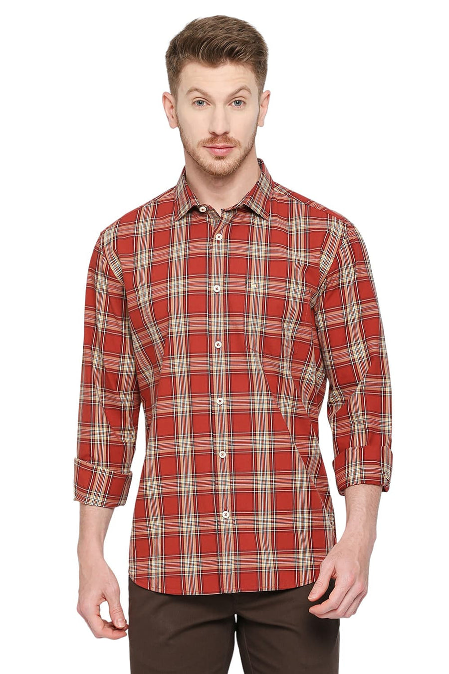 BASICS SLIM FIT BURNT BRICK COTTON CHECKS SHIRT