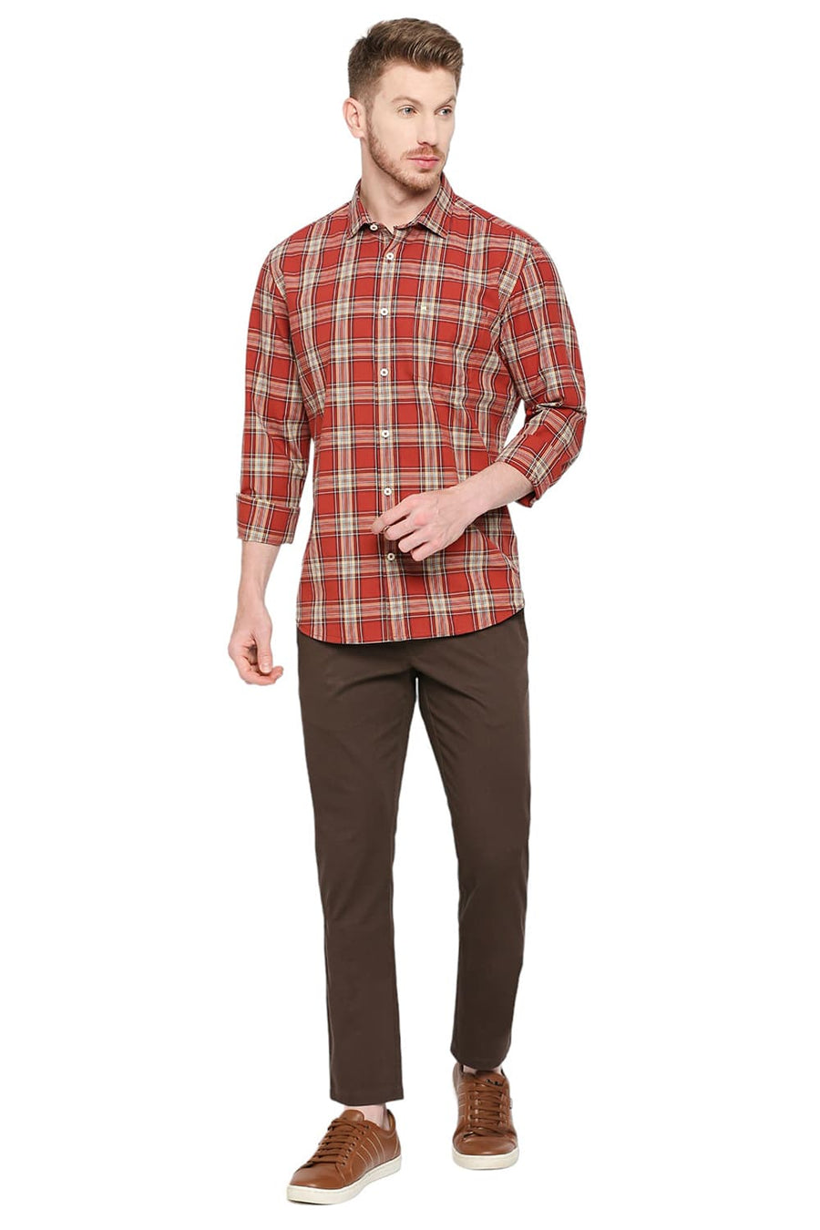 BASICS SLIM FIT BURNT BRICK COTTON CHECKS SHIRT