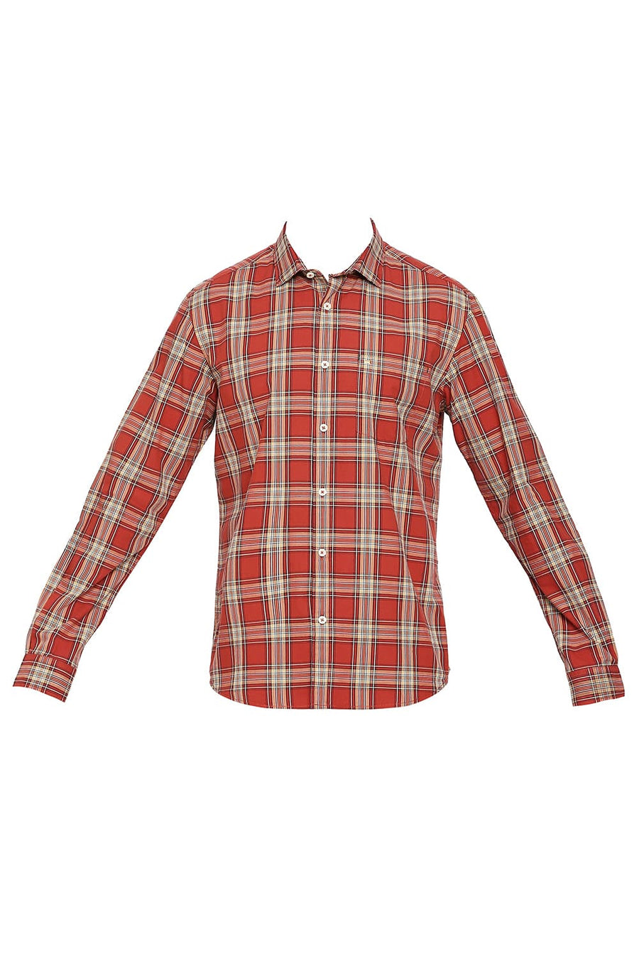 BASICS SLIM FIT BURNT BRICK COTTON CHECKS SHIRT
