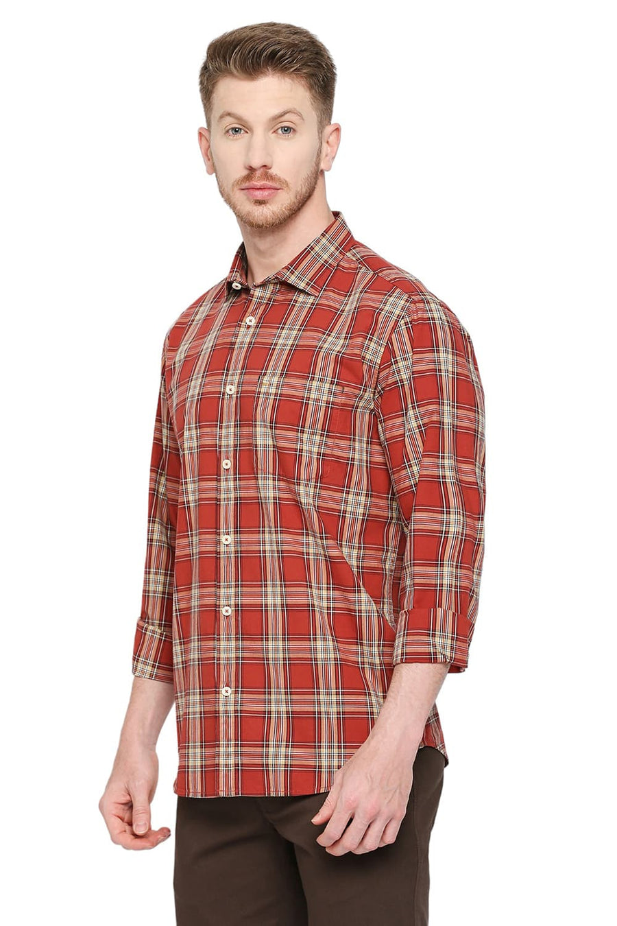 BASICS SLIM FIT BURNT BRICK COTTON CHECKS SHIRT