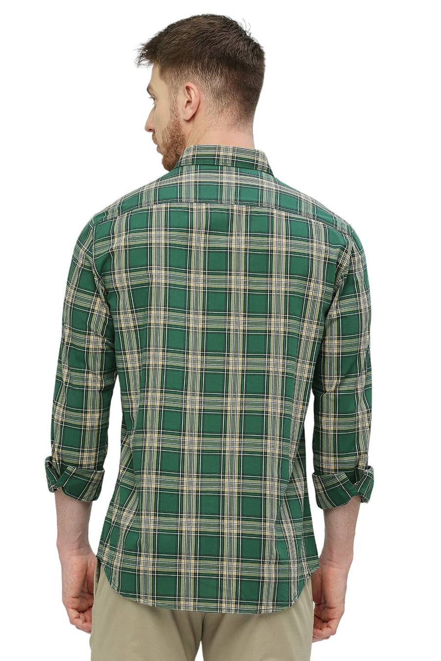 BASICS SLIM FIT CADMIUM GREEN COTTON CHECKS SHIRT