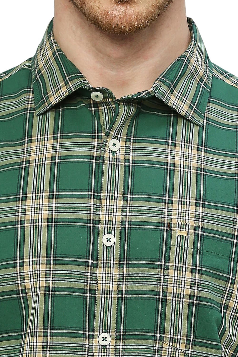 BASICS SLIM FIT CADMIUM GREEN COTTON CHECKS SHIRT