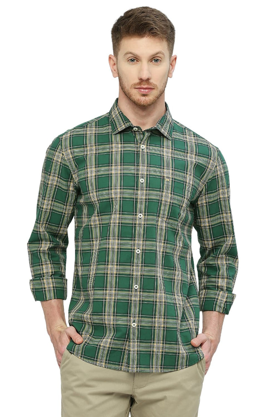 BASICS SLIM FIT CADMIUM GREEN COTTON CHECKS SHIRT