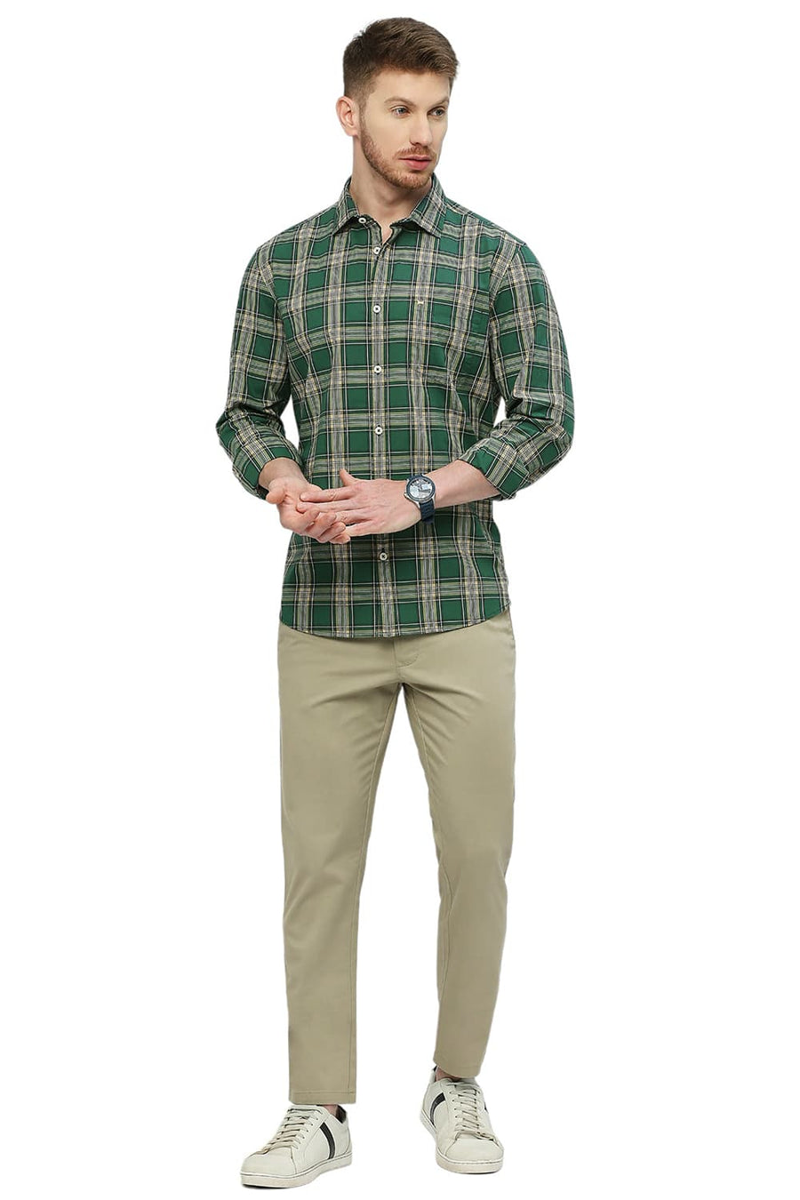 BASICS SLIM FIT CADMIUM GREEN COTTON CHECKS SHIRT
