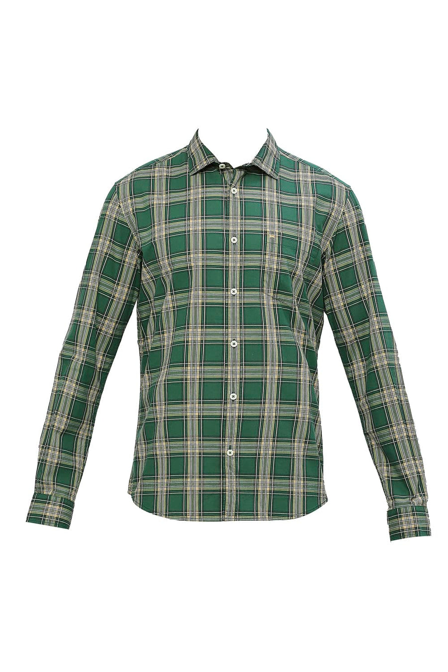 BASICS SLIM FIT CADMIUM GREEN COTTON CHECKS SHIRT