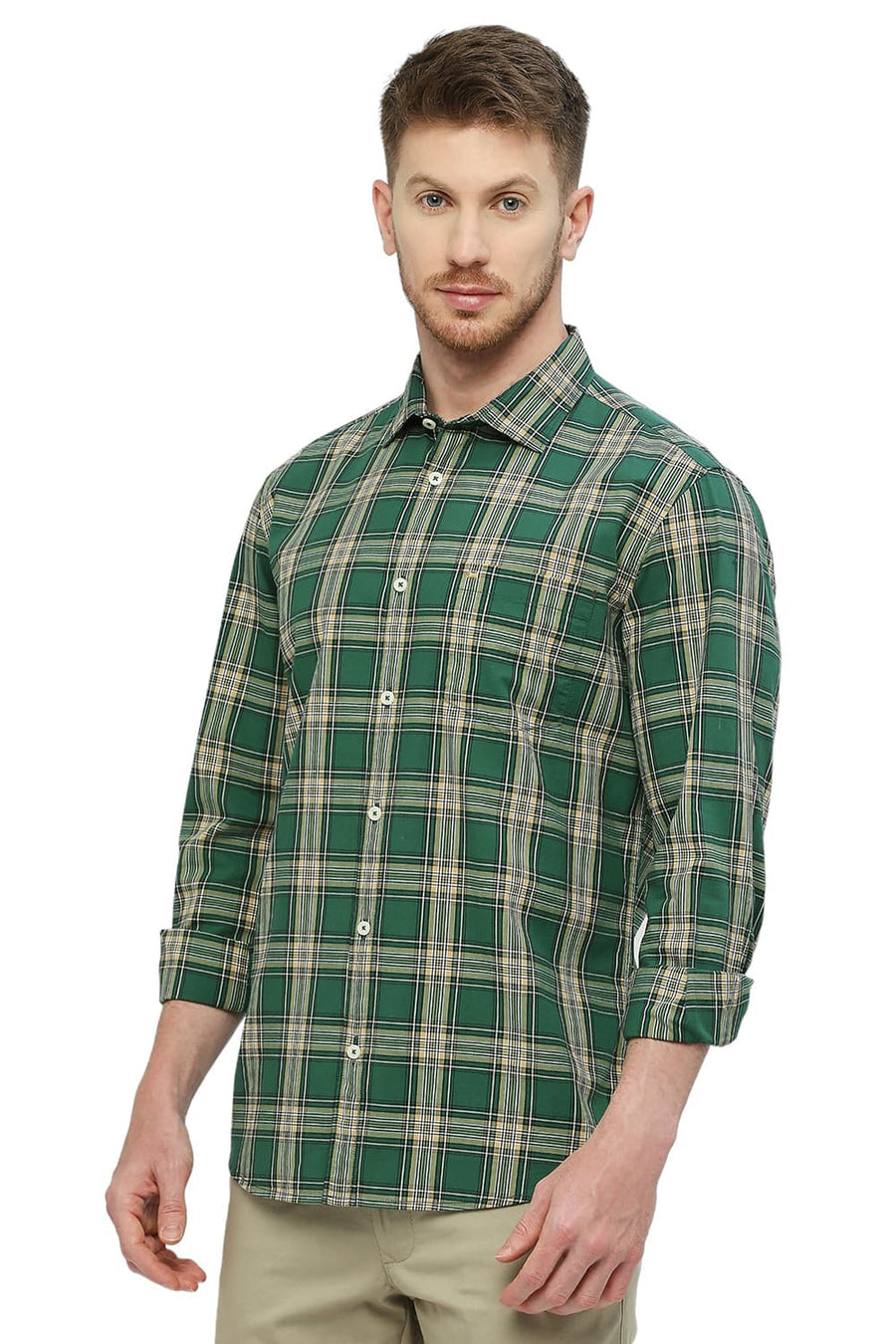 BASICS SLIM FIT CADMIUM GREEN COTTON CHECKS SHIRT