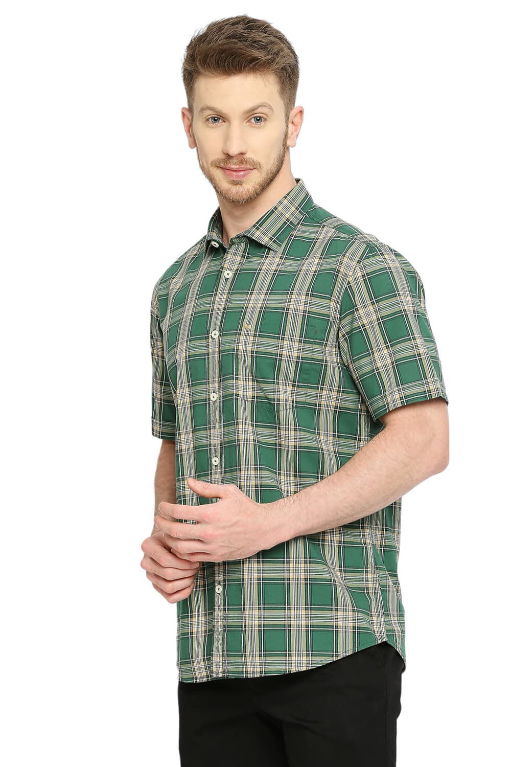 BASICS SLIM FIT COTTON CHECKS HALFSLEEVES SHIRT