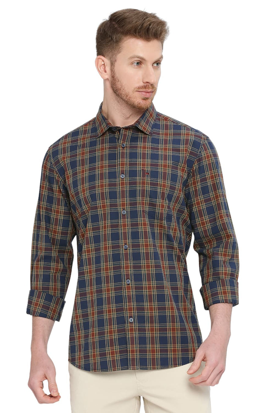 BASICS SLIM FIT TWILIGHT NAVY COTTON CHECKS SHIRT