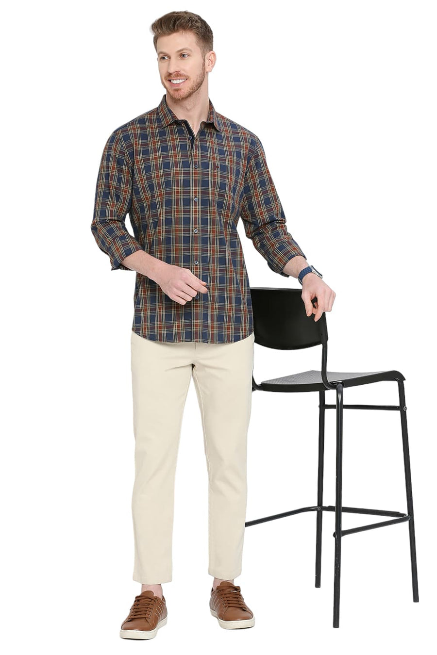 BASICS SLIM FIT TWILIGHT NAVY COTTON CHECKS SHIRT